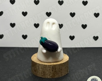 ADOPT A GHOST | Polymer ghost holding tiny eggplant/aubergine | Handmade to order | Ghost aesthetic | Ghost figurine | Ghost gift| Pet ghost