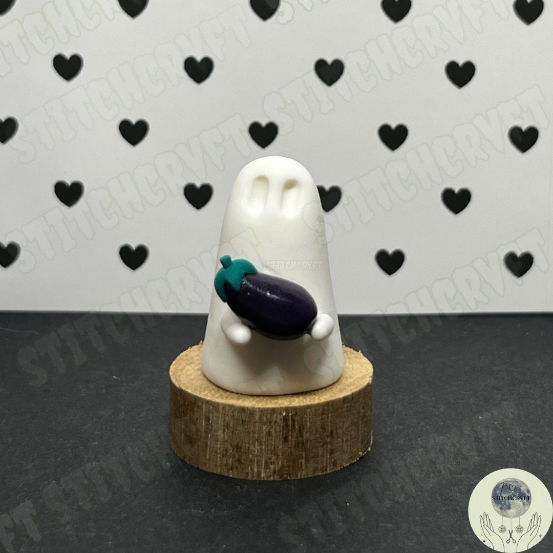 ADOPT A GHOST | Polymer ghost holding tiny eggplant/aubergine | Handmade to order | Ghost aesthetic | Ghost figurine | Ghost gift| Pet ghost