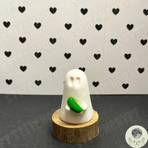 ADOPT A GHOST | Polymer ghost holding tiny pickle | Handmade to order | Ghost aesthetic | Ghost figurine | Ghost gift | Pet ghost