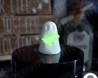 ADOPT A GHOST: Handmade little ghostie holding tiny glowing t-rex
