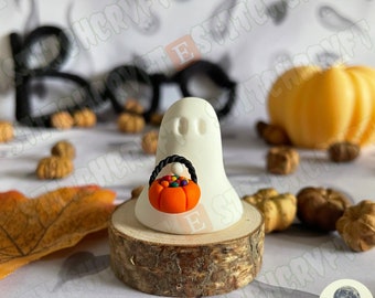 ADOPT A GHOST: Handmade little ghostie holding tiny pumpkin bucket