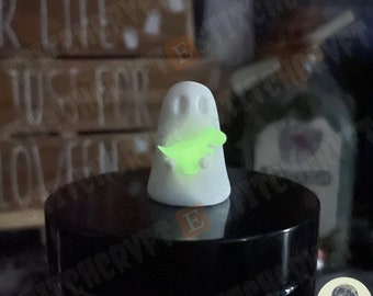 ADOPT A GHOST | Polymer ghost holding tiny glowing t-rex | Handmade to order | Ghost aesthetic | Ghost figurine | Ghost gift | Pet ghost