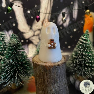 ADOPT A GHOST: Handmade little ghostie holding tiny gingerbread figure