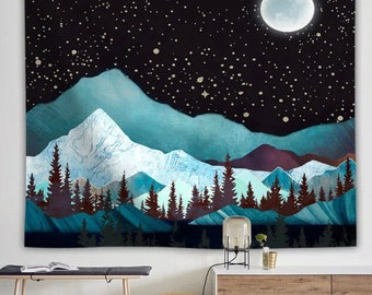 Tapiz nórdico con montaña nevada y luz de luna para colgar en la pared