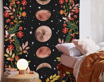 Moon Phases Floral Tapestry Wall Hanging