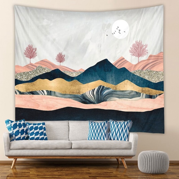 Pink Mountain Tapestry Scenic Wall Hanging Etsy