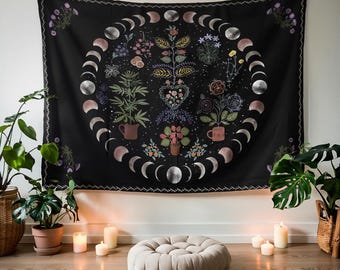 Moon Phase Celestial Flowers Tapestry