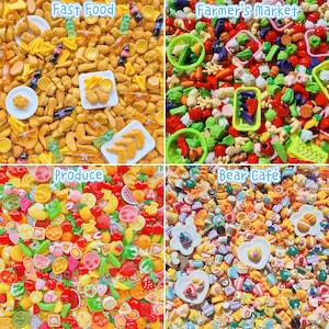 May include: A four-part collage of miniature food items. The top-left shows fast food like chicken and fries. The top-right displays farmer's market produce in small baskets. The bottom-left features assorted fruits. The bottom-right shows bear-themed cafe treats.