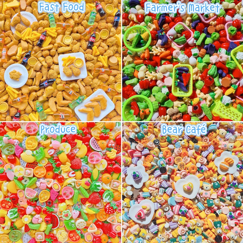 May include: A four-part collage of miniature food items. The top-left shows fast food like chicken and fries. The top-right displays farmer's market produce in small baskets. The bottom-left features assorted fruits. The bottom-right shows bear-themed cafe treats.