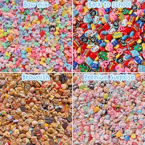 May include: A four-part collage of small decorative resin charms. The top left shows pastel bows labeled Bow mix. The top right displays school-themed items labeled Back to school. The bottom left features brown food-themed charms labeled Brownish. The bottom right shows assorted character charms labeled Premium Surprise.