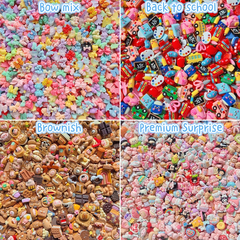 May include: A four-part collage of small decorative resin charms. The top left shows pastel bows labeled Bow mix. The top right displays school-themed items labeled Back to school. The bottom left features brown food-themed charms labeled Brownish. The bottom right shows assorted character charms labeled Premium Surprise.