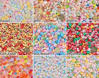 50ml of Cute small mini decoden resin charms featured spong bob holiday christmas, halloween, rainbow, animal, flowers etc. assorted charms