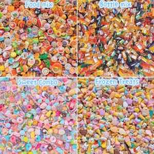 May include: A collection of miniature resin charms organized into four categories: Food mix, Bottle mix, Sweet combo, and Frozen treats. The assortment includes tiny colorful food items, beverage bottles, candies, and ice cream cones in various shapes.