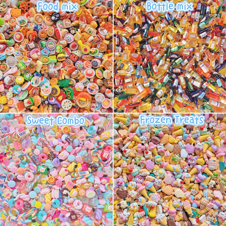 May include: A collection of miniature resin charms organized into four categories: Food mix, Bottle mix, Sweet combo, and Frozen treats. The assortment includes tiny colorful food items, beverage bottles, candies, and ice cream cones in various shapes.