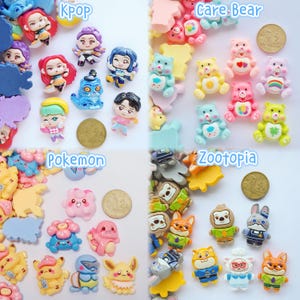 Puede incluir: Una colección de coloridos dijes de resina con personajes de KPOP, Care Bear, Pokemon y Zootopia. Los dijes tienen varias formas y tamaños, con colores vibrantes y diseños detallados. La imagen incluye el texto "KPOP", "Care Bear", "Pokemon" y "Zootopia".