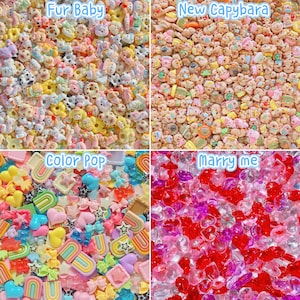 May include: A four-panel collage of small decorative resin charms. Top left labeled Fur Baby features animal figures. Top right labeled New Capybara shows capybara-themed pieces. Bottom left labeled Color Pop displays rainbows and hearts. Bottom right labeled Marry me contains red and pink heart-shaped gems.