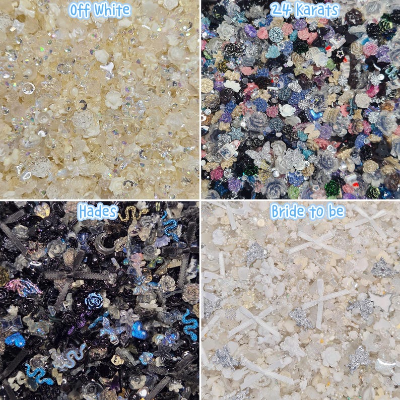 Pu&ograve; includere: Un collage di quattro pannelli di decorazioni artigianali. In alto a sinistra: mix Off White di perline chiare e bianche. In alto a destra: mix 24 Karats di gemme e ciondoli multicolori. In basso a sinistra: mix Hades di ciondoli neri, blu e argentati. In basso a destra: mix Bride to be di fiocchi bianchi e dettagli argentati.