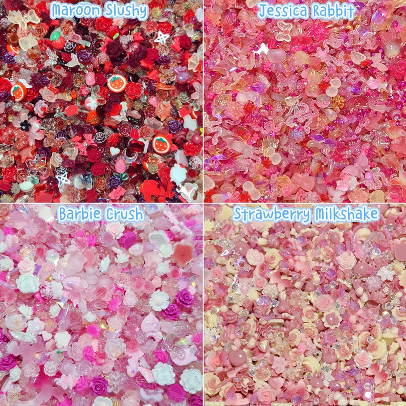 Pu&ograve; includere: Una collezione di quattro distinti assortimenti di piccole decorazioni per il fai da te etichettate Maroon Slushy, Jessica Rabbit, Barbie Crush e Strawberry Milkshake, caratterizzate da varie forme come fiori, farfalle e fragole.