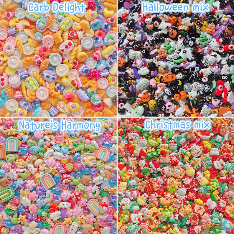 May include: A collection of four distinct sets of small resin cabochons. The top left quadrant labeled Carb Delight features food-themed shapes. The top right labeled Halloween mix shows spooky figures. The bottom left Nature's Harmony displays rainbows and flowers, while the bottom right Christmas mix contains holiday-themed items.