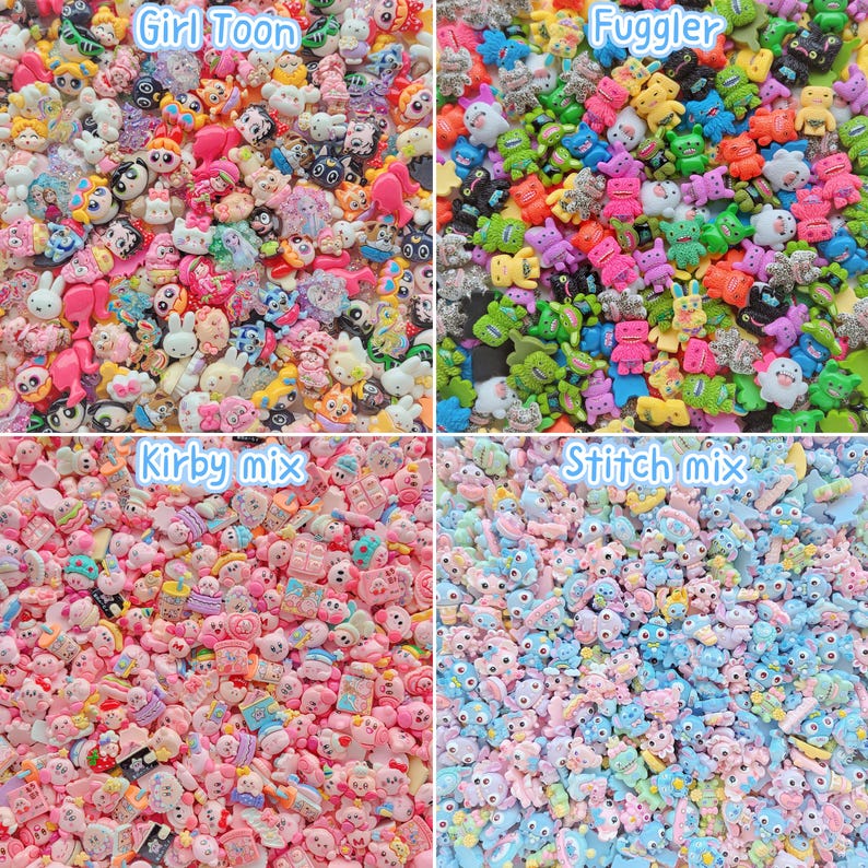 May include: A collection of four distinct sets of small, colorful resin cabochons. The top left features Girl Toon characters, the top right displays Fuggler creatures, the bottom left shows a Kirby mix, and the bottom right contains a Stitch mix.