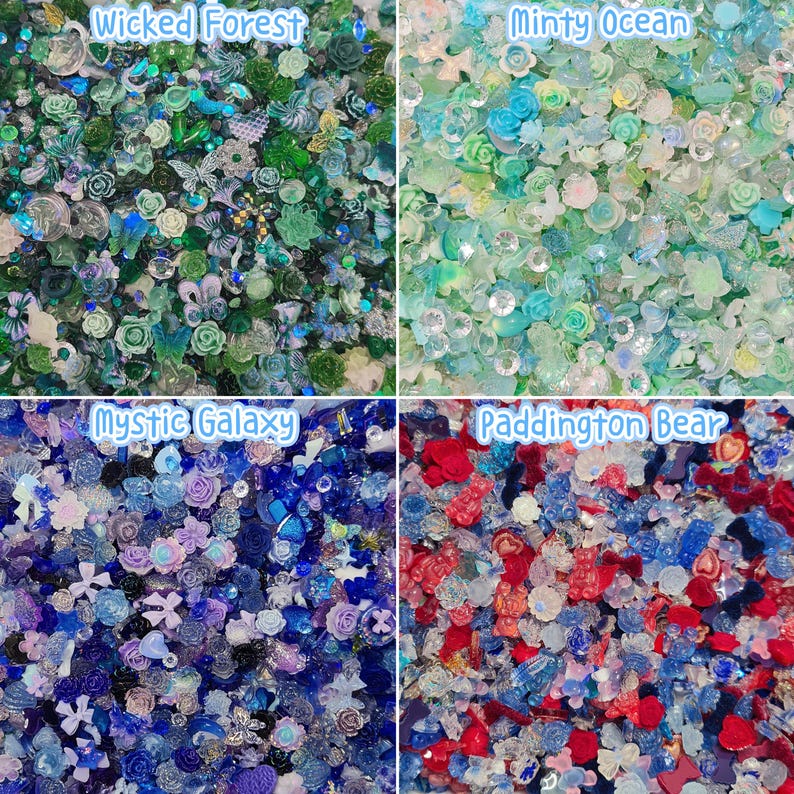 Pu&ograve; includere: Un collage a quattro pannelli di decorazioni per il fai da te. In alto a sinistra, etichettato Wicked Forest, presenta forme floreali e di farfalle verdi e verde acqua. In alto a destra, Minty Ocean, mostra pezzi floreali azzurri e bianchi. In basso a sinistra, Mystic Galaxy, mostra forme blu scuro e viola. In basso a destra, Paddington Bear, contiene pezzi a forma di orso e cuore rossi, blu e bianchi.