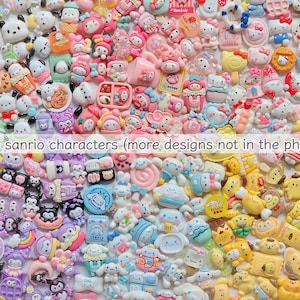 May include: A large collection of colorful Sanrio character resin cabochons featuring Hello Kitty, My Melody, Kuromi, Cinnamoroll, and Pompompurin in various poses and food-themed accessories. The image includes text reading Single sanrio characters (more designs not in the photo...).