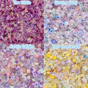 Pu&ograve; includere: Una collezione di quattro distinti assortimenti di piccoli ciondoli decorativi in resina. Il quadrante in alto a sinistra, etichettato The Villain, presenta forme viola e magenta. In alto a destra, Glowing Fairy, mostra motivi floreali e cuori color pastello. In basso a sinistra, Exotic Garden, mostra fiori color lavanda e pesca. In basso a destra, Taro Cheesecake, contiene ciondoli gialli e color crema, inclusi piccoli anatroccoli e fette di formaggio.