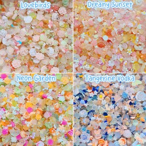 Pu&ograve; includere: Una collezione di quattro quadranti con piccoli cabochon in resina assortiti in varie forme, tra cui fiori, farfalle e cuori. Le sezioni sono etichettate come Lovebirds, Dreamy Sunset, Neon Garden e Tangerine Vodka con tavolozze di colori pastello e vivaci.
