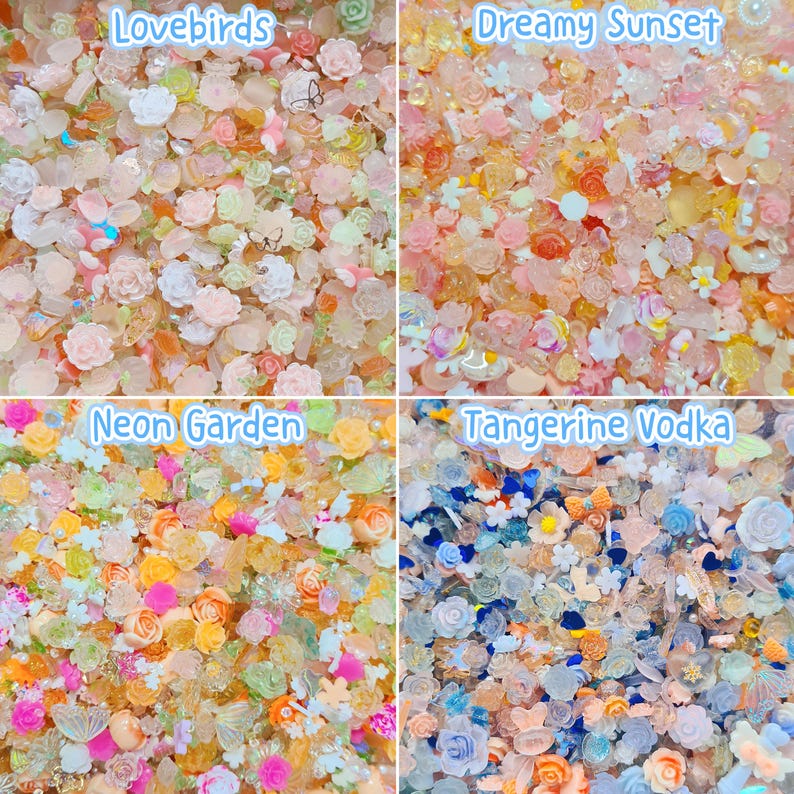 Pu&ograve; includere: Una collezione di quattro quadranti con piccoli cabochon in resina assortiti in varie forme, tra cui fiori, farfalle e cuori. Le sezioni sono etichettate come Lovebirds, Dreamy Sunset, Neon Garden e Tangerine Vodka con tavolozze di colori pastello e vivaci.