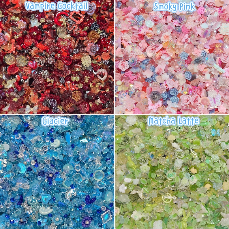 Pu&ograve; includere: Una collezione di quattro miscele di decorazioni artigianali divise per colore. Il mix Vampire Cocktail presenta toni rossi e scuri, Smoky Pink contiene pezzi rosa chiaro e iridescenti, Glacier mostra varie tonalit&agrave; di blu e Matcha Latte include ciondoli verdi e giallo chiaro a forma di fiori e foglie.