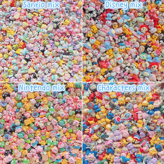 20pcs mix resin Charms: Disney, Sanrio, Pokemon, kirby, Nintendo, Cartoon characters, bluey, Flowers, Animal, Food, Bottle, frog, capybara
