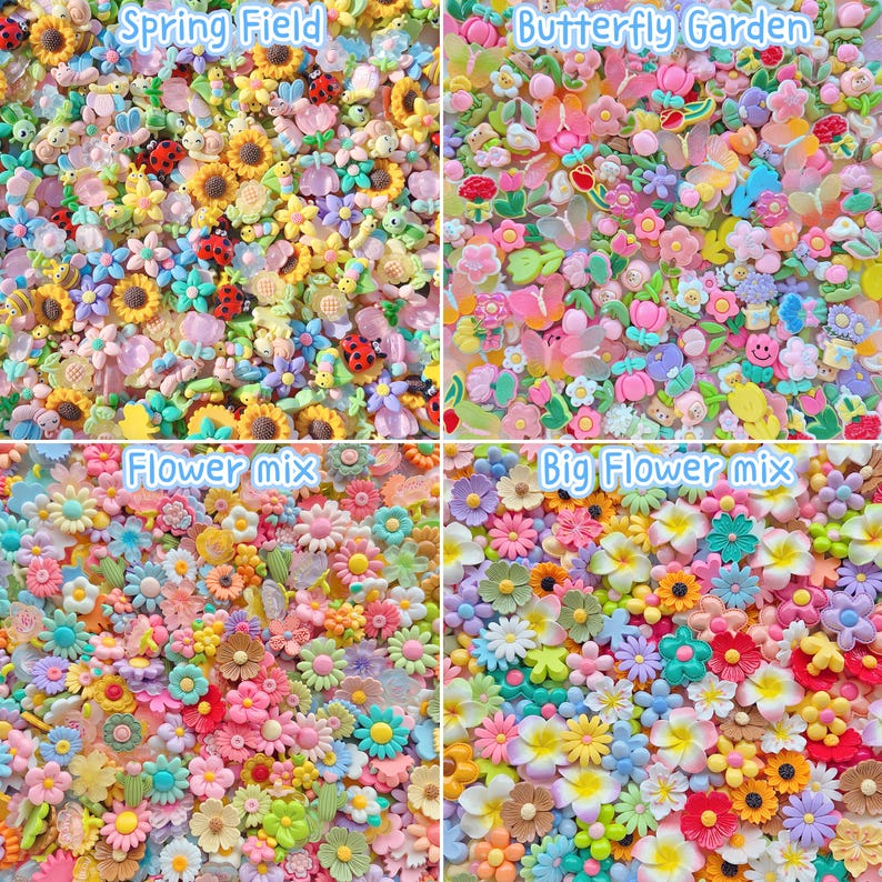 May include: A collection of four distinct sets of small, colorful resin cabochons. The top left features Spring Field with sunflowers and ladybugs. The top right shows Butterfly Garden. The bottom left is Flower mix, and the bottom right is Big Flower mix.