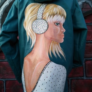 oversize wearable art, custom design, waterproof raincoat ,hand painted, HauteCouture desig ns green raincoat night glow paint,