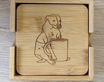 Staffy -  Organic Dog coasters - Coaster set of 6 - Coaster set with holder - Bamboo coasters - Waterproof - Heatproof - Staffy gifts