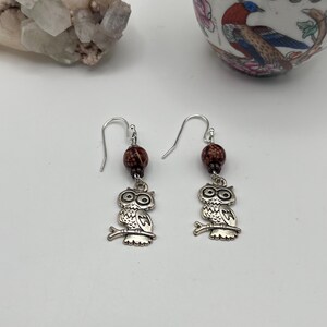 Adorable Owls sitting on a Branch with Hawaiian wooden beads Sterling Silver Ear hooks