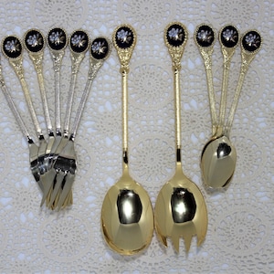 Vintage Gold Plated Serving Spoon and Fork + Teaspoons and Cake Forks