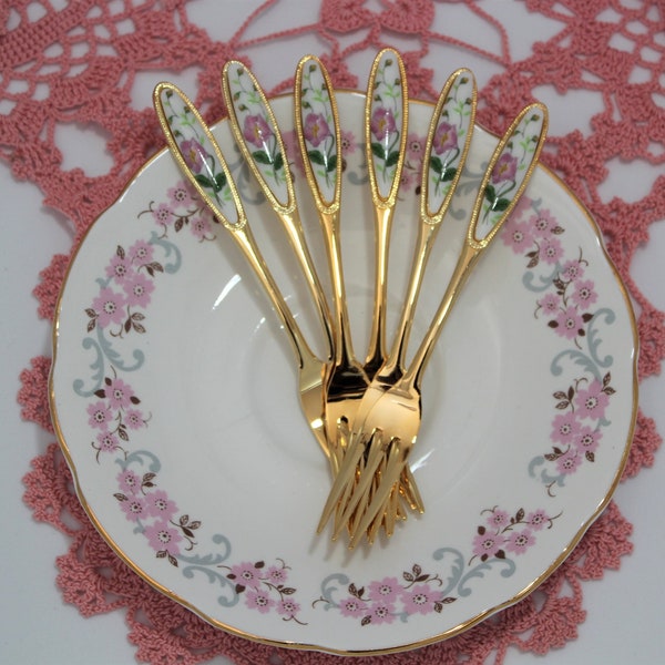 Vintage gouden vorken set van 6 roze bloemen