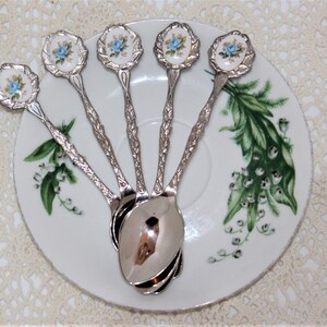 Pode incluir: Conjunto de cinco colheres de chá de prata com desenhos florais azuis e brancos nas alças. As colheres estão dispostas em um pires branco com um desenho floral verde.