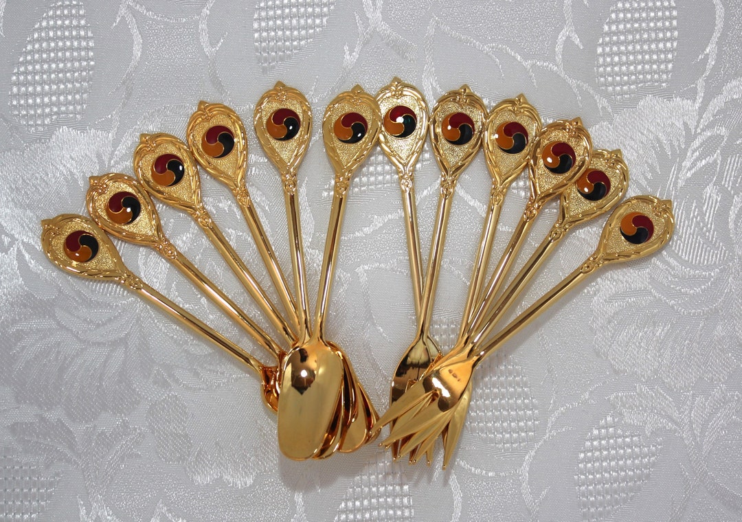Vintage 24K Gold Plated Boxed Set of 12 Cake Forks and Spoons korean
