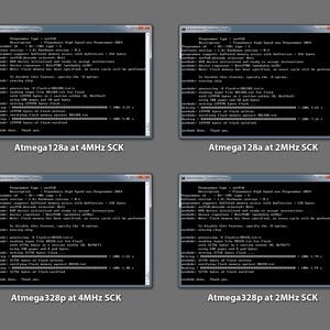 May include: Four screenshots of a computer program showing the process of programming an Atmega128a and Atmega328p microcontroller using a high-speed programmer. The screenshots show the programmer type, description, and the steps involved in the programming process, including reading input files, writing bytes of flash, and verifying flash.