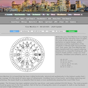May include: A detailed diagram of a clock face with Roman numerals, labeled "Time Machine 4 - 80 LED RTC - 2024 Update." The clock face is circular, with a complex internal design. The image is part of a webpage with navigation links.
