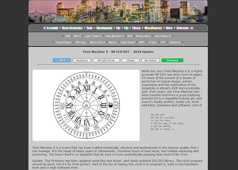 May include: A detailed diagram of a clock face with Roman numerals, labeled "Time Machine 4 - 80 LED RTC - 2024 Update." The clock face is circular, with a complex internal design. The image is part of a webpage with navigation links.