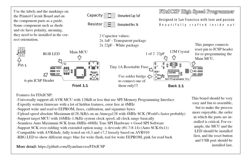 May include: A diagram of an FDxICSP High Speed Programmer circuit board. The board is designed for use with AVR microcontrollers and features a 6-pin ICSP header, a 12M crystal, a resettable fuse, and an RGB LED. The board is designed in San Francisco with love and passion.