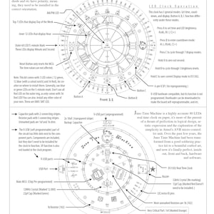 May include: Detailed schematic diagram of the Juno Time Machine 4.4, a real-time clock kit. The diagram includes labels for various components like LEDs, resistors, and crystals, with front and back views. Text details clock operation and features.