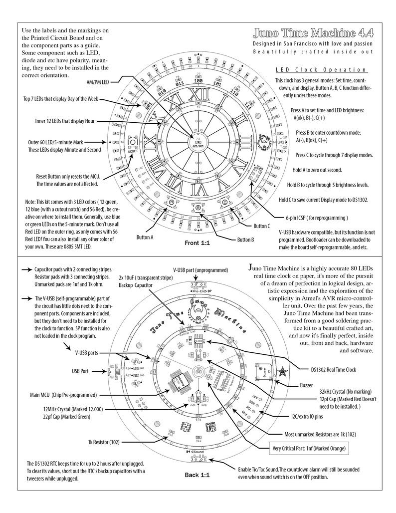May include: Detailed schematic diagram of the Juno Time Machine 4.4, a real-time clock kit. The diagram includes labels for various components like LEDs, resistors, and crystals, with front and back views. Text details clock operation and features.