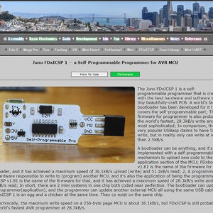May include: A close-up of a small, white circuit board with black components and a USB connector. The board is labelled "Self-Programmable Pro" and is part of a programmer for AVR microcontrollers. The text "Juno FDxICSP 1" is displayed on the webpage.