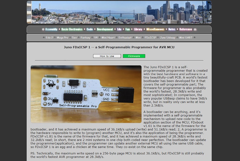May include: A close-up of a small, white circuit board with black components and a USB connector. The board is labelled "Self-Programmable Pro" and is part of a programmer for AVR microcontrollers. The text "Juno FDxICSP 1" is displayed on the webpage.