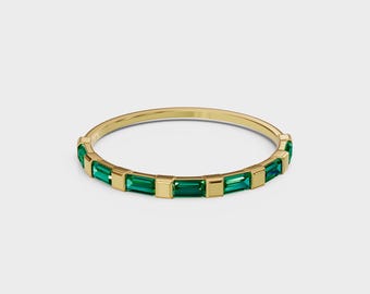 14k Gold Plated Sterling Silver Emerald Baguette Eternity Band Ring - Art Deco