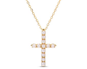 14K Gold Freshwater Pearl Cross Necklace: Dainty Bridal Jewelry