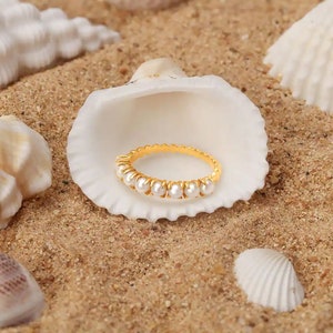 14K Gold Plated Pearl Eternity Band Ring, Pearl Stacking Full Band Ring, pearl eternity wedding band birthstone ring, gift for mom Gold Ring
